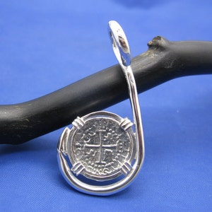 Sterling Silver Atocha Shipwreck Coin Replica inside Custom Sterling Silver Fish Hook Pendant Bezel