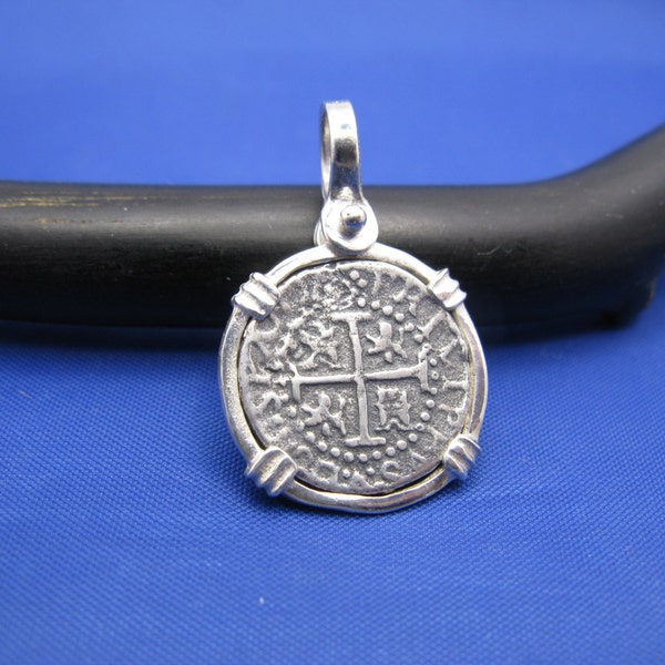 Sterling Silver Small Atocha Shipwreck Coin Replica in Custom Pendant Bezel with Shackle Bail