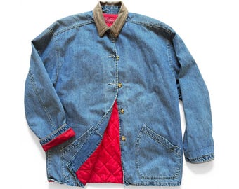 1980er Jahre Denim Barn Chore Jacke M Lederkragen Gestepptes Futter Vintage Limitierte Jeans