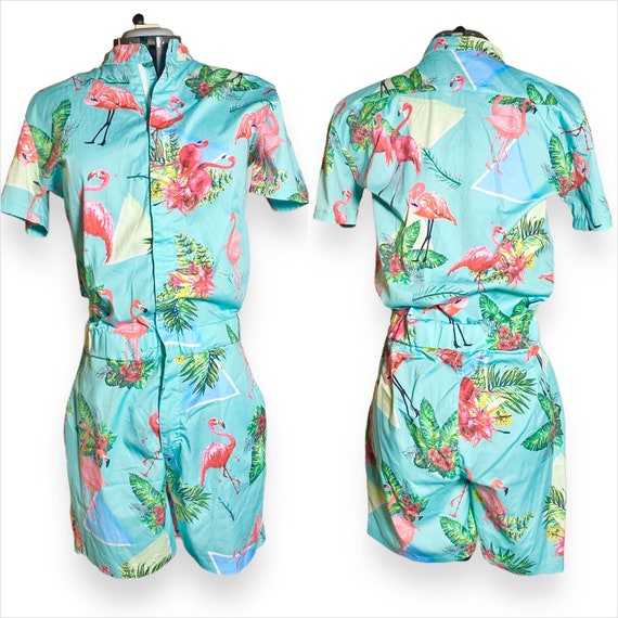 Unisex Tropical Foliage + Flamingos Aqua Playsuit… - image 1