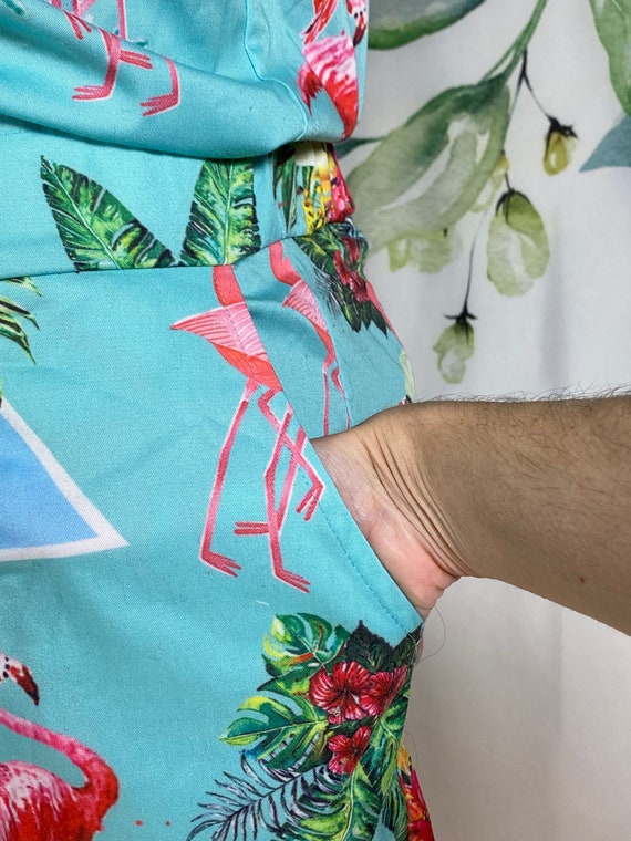 Unisex Tropical Foliage + Flamingos Aqua Playsuit… - image 4