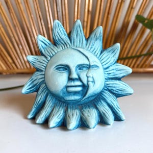 Vintage Celestial Candle Sun Moon Face Mexican Pottery Blue Hand Painted
