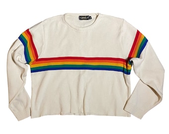 00s Y2K Retro Rainbow Stripe Cream Crop Hem Sweater