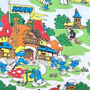 1980s Smurfs Twin Sheet Set JCPenney Mushroom Village Fitted Flat and Pillow Case