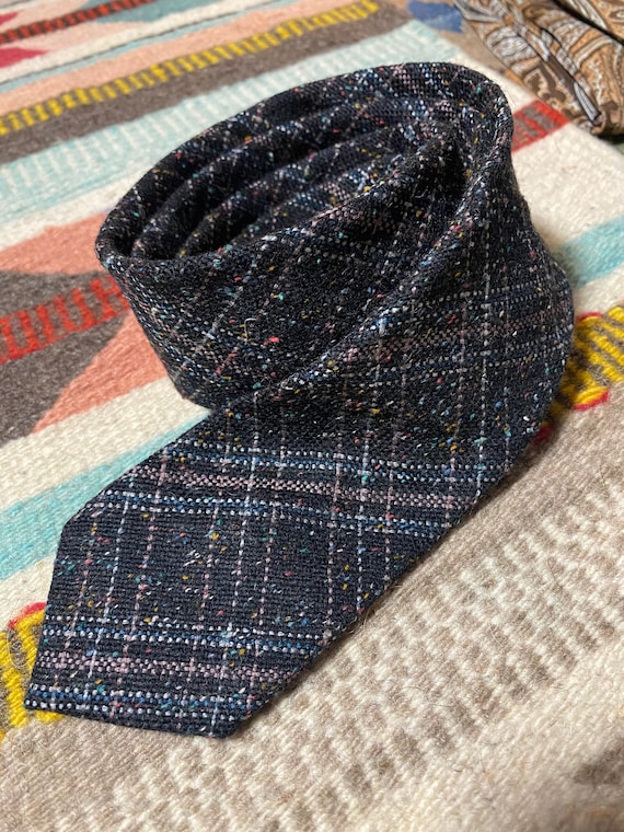 1950s Wool Skinny Necktie Black + Multicolor Plaid