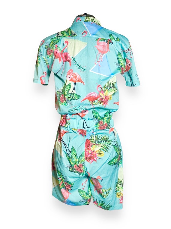 Unisex Tropical Foliage + Flamingos Aqua Playsuit… - image 3