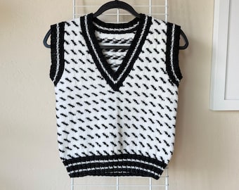 Vintage Handgestrickte Pullover Weste Schwarz und Weiß