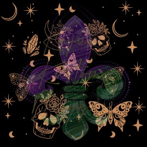 Celestial Butterflies, skulls, moons, black