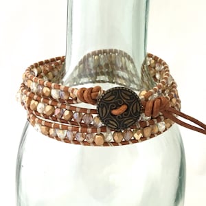 Beaded leather wrap bracelet with stunning gold and bronze beads (triple wrap bracelet; Czech glass beads on leather cord)