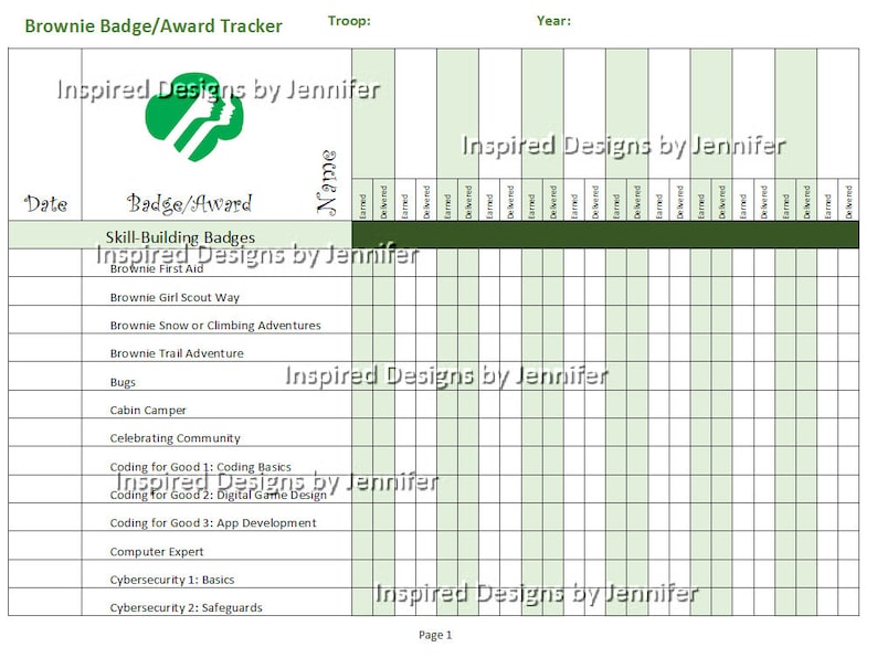Brownie Girl Scout Badge/award Tracker Instant Download Printable