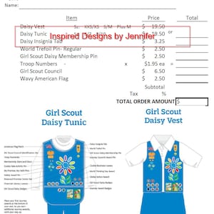 Puede incluir: Un formulario de pedido de uniforme para la tropa de Girl Scout Daisy, con un logotipo de margarita azul y verde. El formulario enumera artículos como un chaleco Daisy, una túnica Daisy, una insignia Daisy, un pin World Trefoil, un pin de membresía Girl Scout Daisy, números de tropa, el consejo Girl Scout y una bandera estadounidense ondulada. El formulario también incluye una lista de precios para cada artículo.