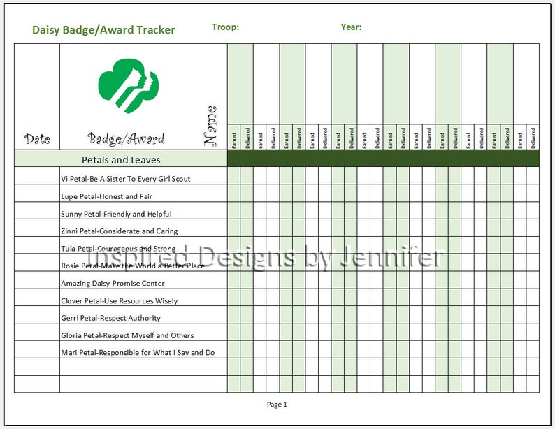 Girl Scout Daisy Badge award Tracker Instant Download Etsy