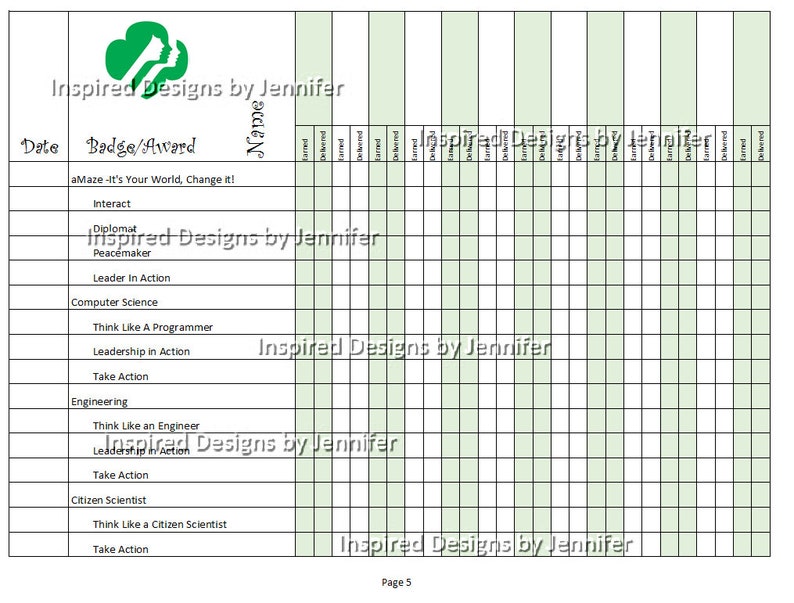 Girl Scout Cadette Badge/award Tracker Instant Download Updated With