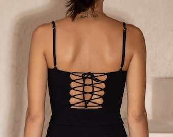 Bamboo Corset Tank – Eco Friendly Camisole, Adjustable Spaghetti Strap Crop Top for Layering & Yoga