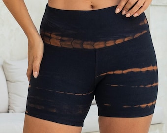 Bamboo Tie-Dye sustainable yoga shorts, fitted spandex activewear