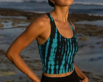 Crisscross Back Turquoise Tie Dye Tank Top – Batik Activewear, Super Soft Stretchy Crop