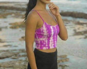 Purple Tie-Dye Lace Up Crop Top, Boho Yoga Cami