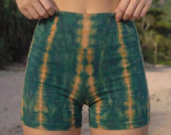 Tie Dye Yoga Shorts – Soft Bamboo Spandex, Sustainable Boho Camo Festival Shorts