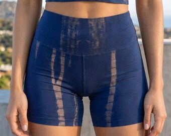 Blue Tie Dye Yoga Shorts, High Waisted 5 Inch Bamboo Activewear