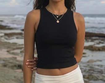 Organic Bamboo Black Yoga Tank Top, Extra Soft Thick Strap Activewear Basic