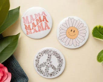 70s retro inspired pin-back buttons | Mama, floral peace sign, happy daisy, hippy vibes