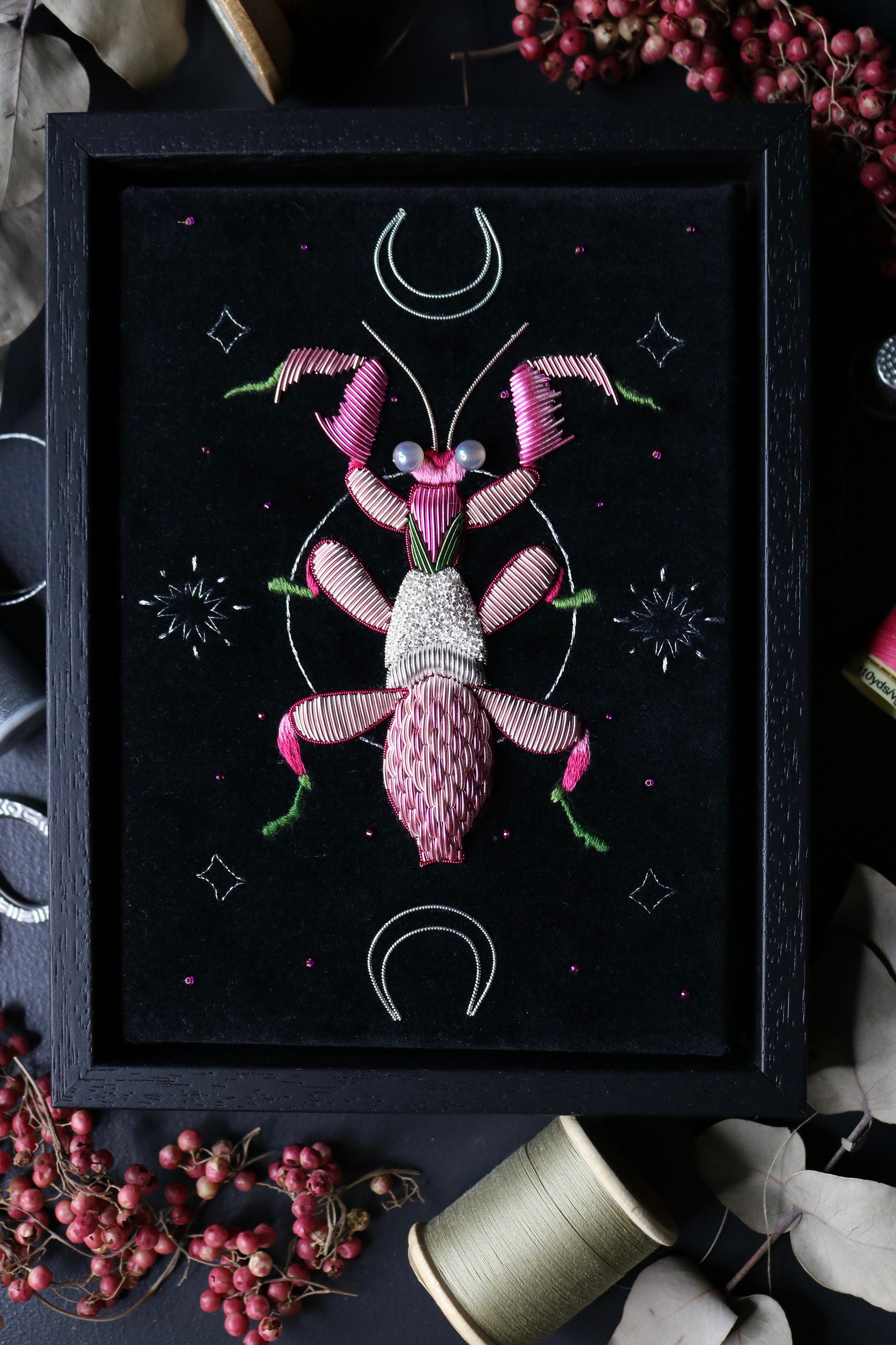 Orchid Mantis Praying Mantis Celestial Goldwork Embroidery Art Wall