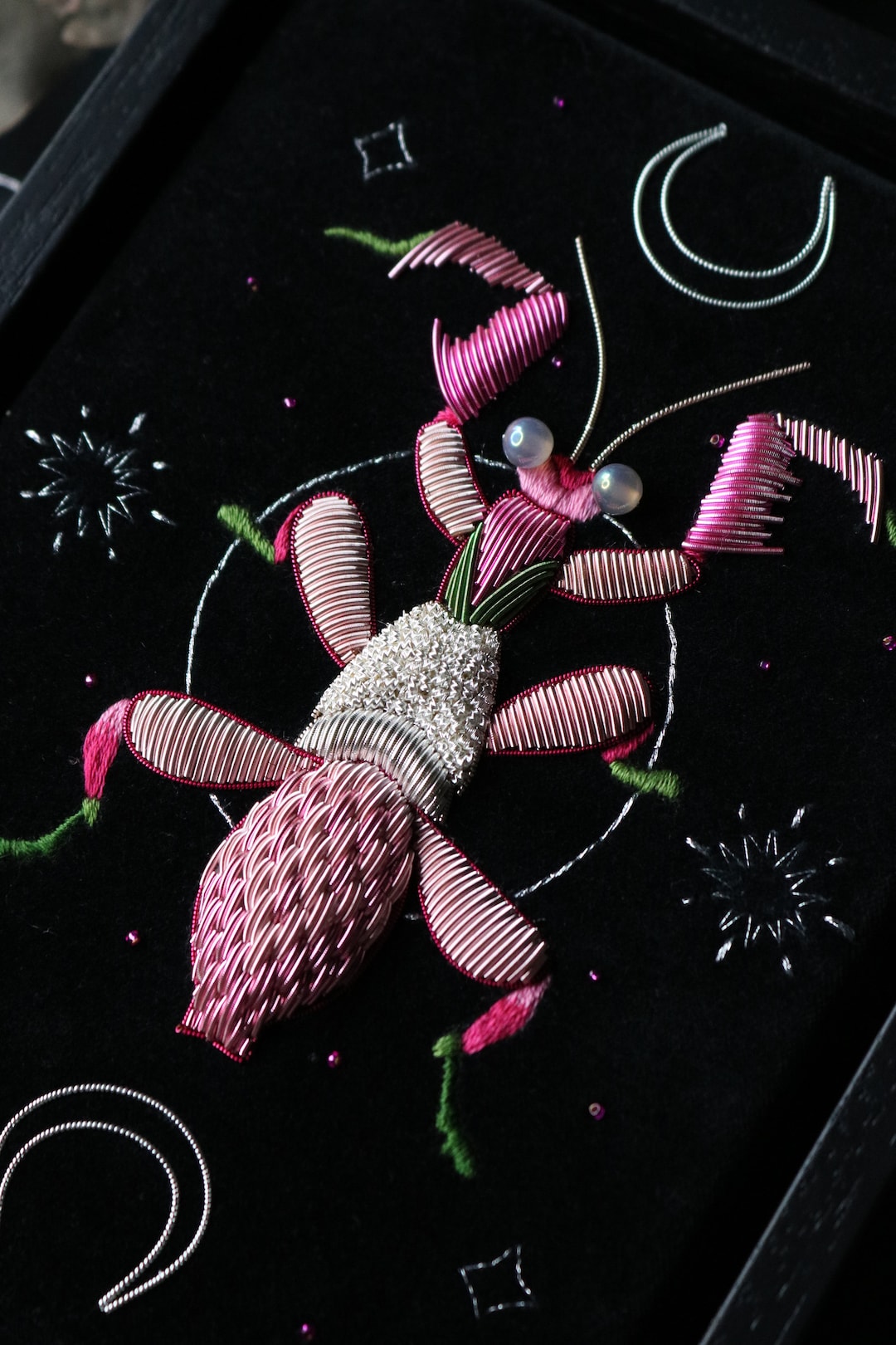 Orchid Mantis Praying Mantis Celestial Goldwork Embroidery Art Wall