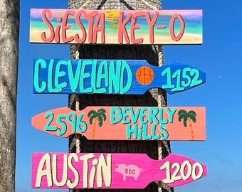 May include: A wooden signpost with colorful directional signs pointing to various locations. The signs are painted in bright colors and feature the names of cities like Siesta Key, Cleveland, Beverly Hills, Austin, Nashville, New Orleans, and Las Vegas.