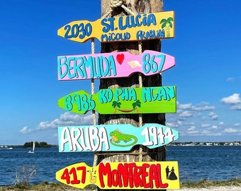 May include: A collection of colorful wooden directional signs attached to a palm tree. Each sign points in a different direction and displays a destination, such as St. Lucia, Bermuda, Ko Pha Ngan, Aruba, and Montreal, with corresponding numbers.