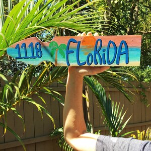 Personalized Beach Destination Arrow Sign: Hand-Painted Wood Mileage Marker