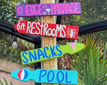 Pool Deck Décor, Pool Signs for Outdoor, Personalized Pool Signs, Wood Directional Signs, Hand Painted Tiki Bar Signs, Backyard Patio Décor