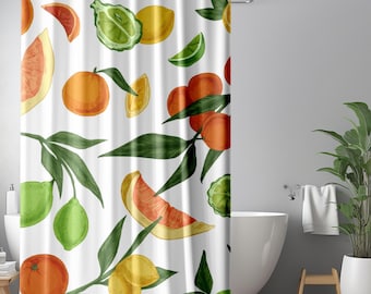 Cortina de ducha botánica, cortina de ducha de frutas, cortina de ducha de cítricos, cortina de ducha de naranjas, cortina de ducha de limón pequeña
