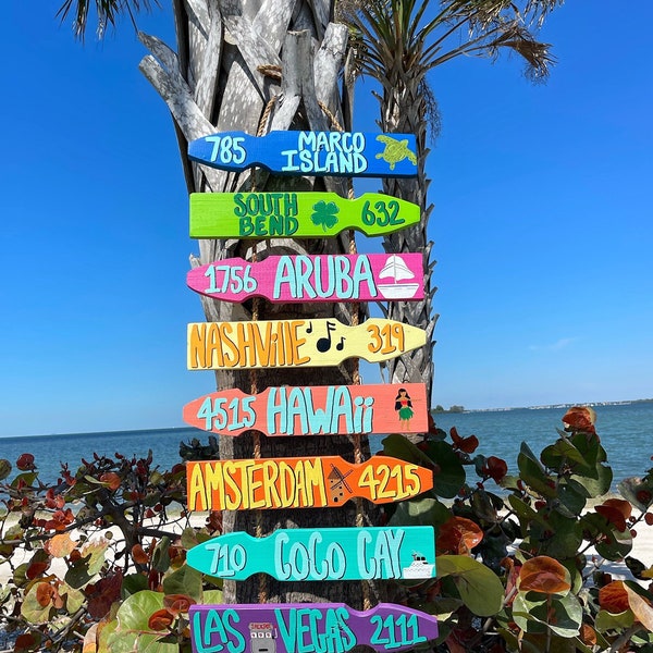 Beach Coastal Décor, Personalized Pool Sign, Wood Arrow Signs, Custom Mileage Signs, Tiki Bar Signs, Travel Signs, Tropical Patio Bar Signs