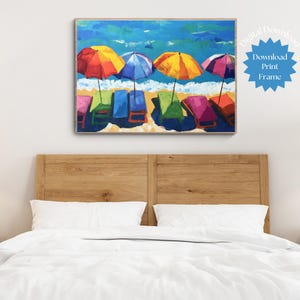 Beach Umbrella Printable Art, Umbrella Beach Prints, Coastal Wall Art Digital Download, Digital Beach Wall Art, Colorful Beach Art Prints