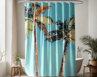 Cortina de ducha con palmeras, cortinas de ducha con casas de playa, decoración de baño costera, cortinas de ducha abstractas costeras, cortina de ducha color aguamarina