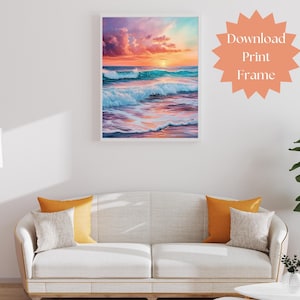 Ocean Surf-fotoprint, oceaangolven muurkunst, afdrukbare strandtaferelen, digitale zonsondergangkunst, prints oceaanzonsondergang, strandposters