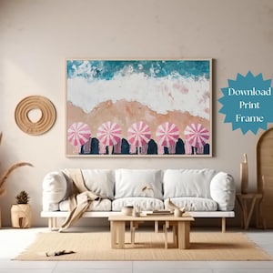 Beach Umbrella Print, Printable Beach Wall Art, Pink Umbrella Beach Photo, Coastal Wall Art Digital Download, Beach Digital Art Poster