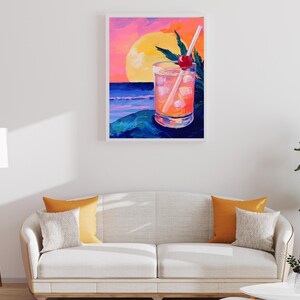Póster de cóctel de verano, arte mural de cócteles de playa, póster de cócteles con paisaje, póster de atardecer, impresión de atardecer en la playa, pósteres playeros