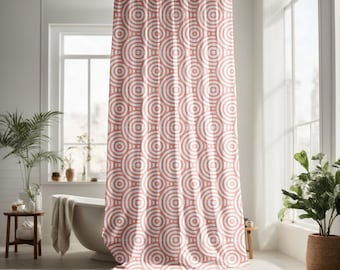 Cortinas de ducha bohemias rosas con diseño floral en tonos polvorientos y diseño geométrico, de tela.