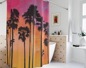 Cortinas de ducha con casas de playa, cortina de ducha con palmeras, decoración de baño costera, cortinas de ducha abstractas costeras, cortinas tropicales