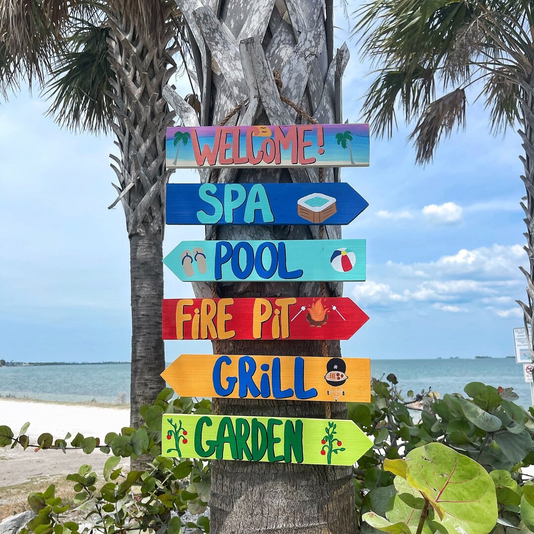 Personalized Outdoor Directional Sign: Hand-painted Wood, Beach House ...