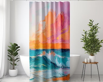 Cortina de ducha con puesta de sol, océano, casa de playa, abstracta y colorida, de tela