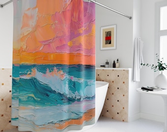 Cortina de ducha abstracta y colorida, cortina de ducha con diseño de océano, cortina de ducha con diseño de puesta de sol, cortina de ducha con diseño de casa de playa, cortina de ducha de tela
