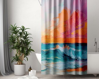 Cortina de ducha con diseño de casa de playa, océano, olas, abstracta y colorida, de tela