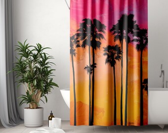 Cortinas de ducha abstractas con temática costera, palmeras, decoración de baño costera, cortinas tropicales, casas de playa