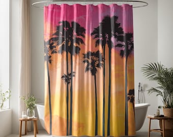 Cortina de ducha con palmeras, decoración de baño costera, cortinas de ducha abstractas costeras, cortinas tropicales, cortinas de ducha con casas de playa