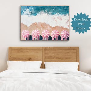 Pink Umbrella Beach Photo, Beach Umbrella Print, Printable Beach Wall Art, Beach Digital Art Poster, Coastal Wall Art Digital Download