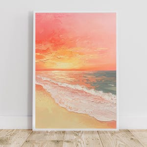 Arte de atardecer en coral, arte de pared de atardecer rosa, arte de pared de playa serena, póster de atardecer, arte costero pastel, arte de pared de olas del océano