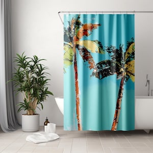 Tropical Shower Curtain, Palm Tree Shower Curtain, Coastal Shower Curtains for Bathrooms, Beachy Shower Curtain, Fabric Shower Curtain
