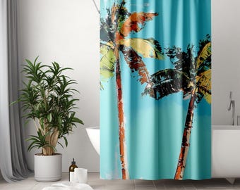 Cortina de ducha con palmeras, casas de playa, decoración de baño costera, cortinas de ducha abstractas bohemias, cortina de ducha color aguamarina